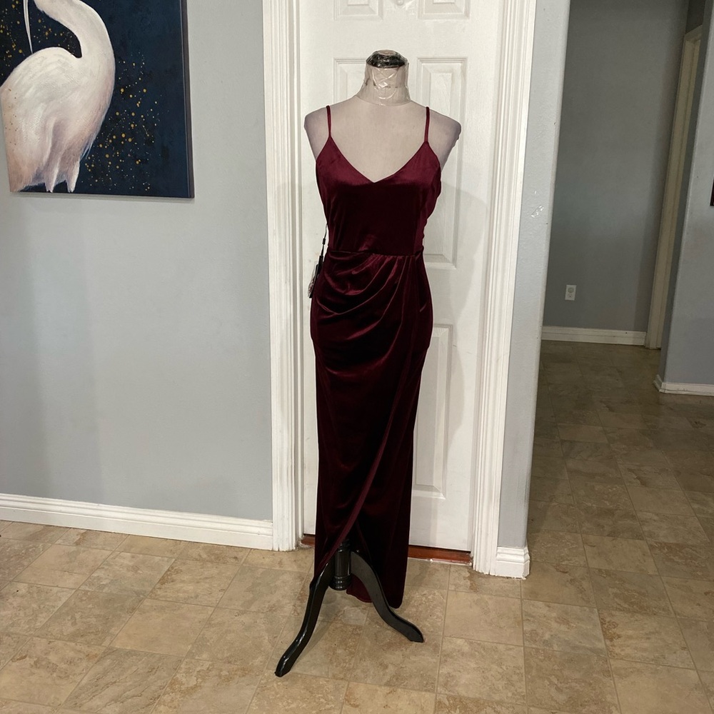 New Women XL burgundy velvet draped cami formal dress,V-neck, spaghetti strap